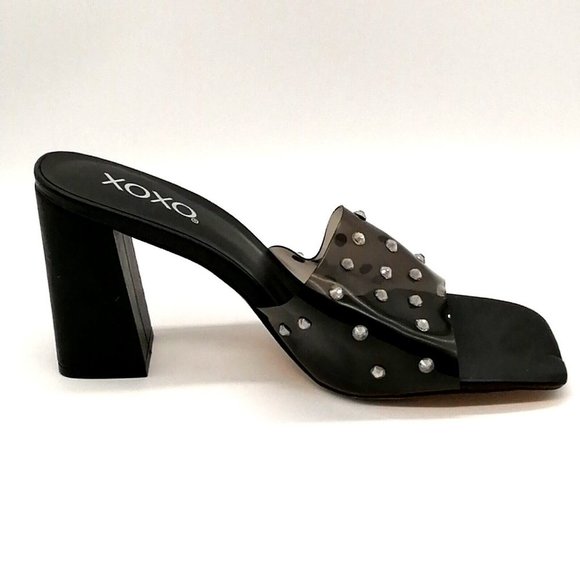 XOXO Womens Sandal Razia Black Slide Clear Studded Strap Chunky High Heel 11 - Picture 2 of 9
